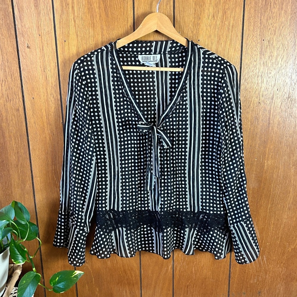 Vintage Robbie Bee Black White Polka Dot Striped Lace Trim‎ Peplum Blouse